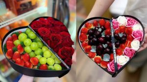Hộp quà trái tim màu đen kèm hoa hồng tươi sang trọng